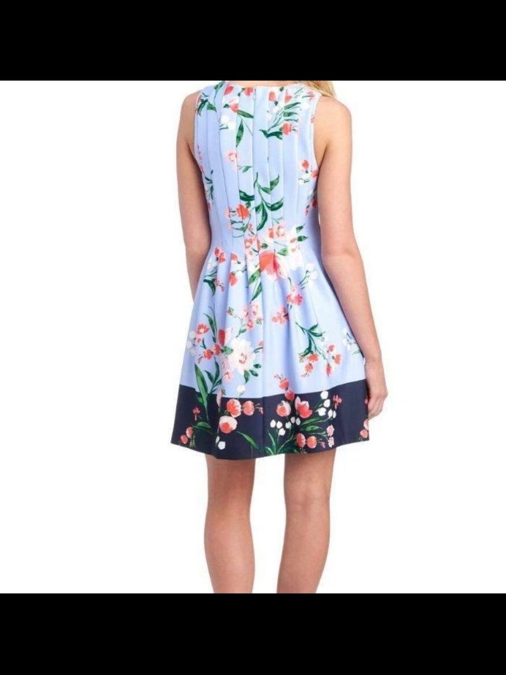 Vince Camuto Light Blue Floral Sleeveless Mini Dress with Navy Hem - Picture 3 of 5